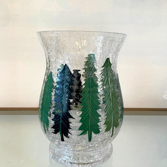 Christmas Pine Tree Crackle Glass Hurricane Candle Holder 8 x 5.5 Holiday New - Picture 5 of 10